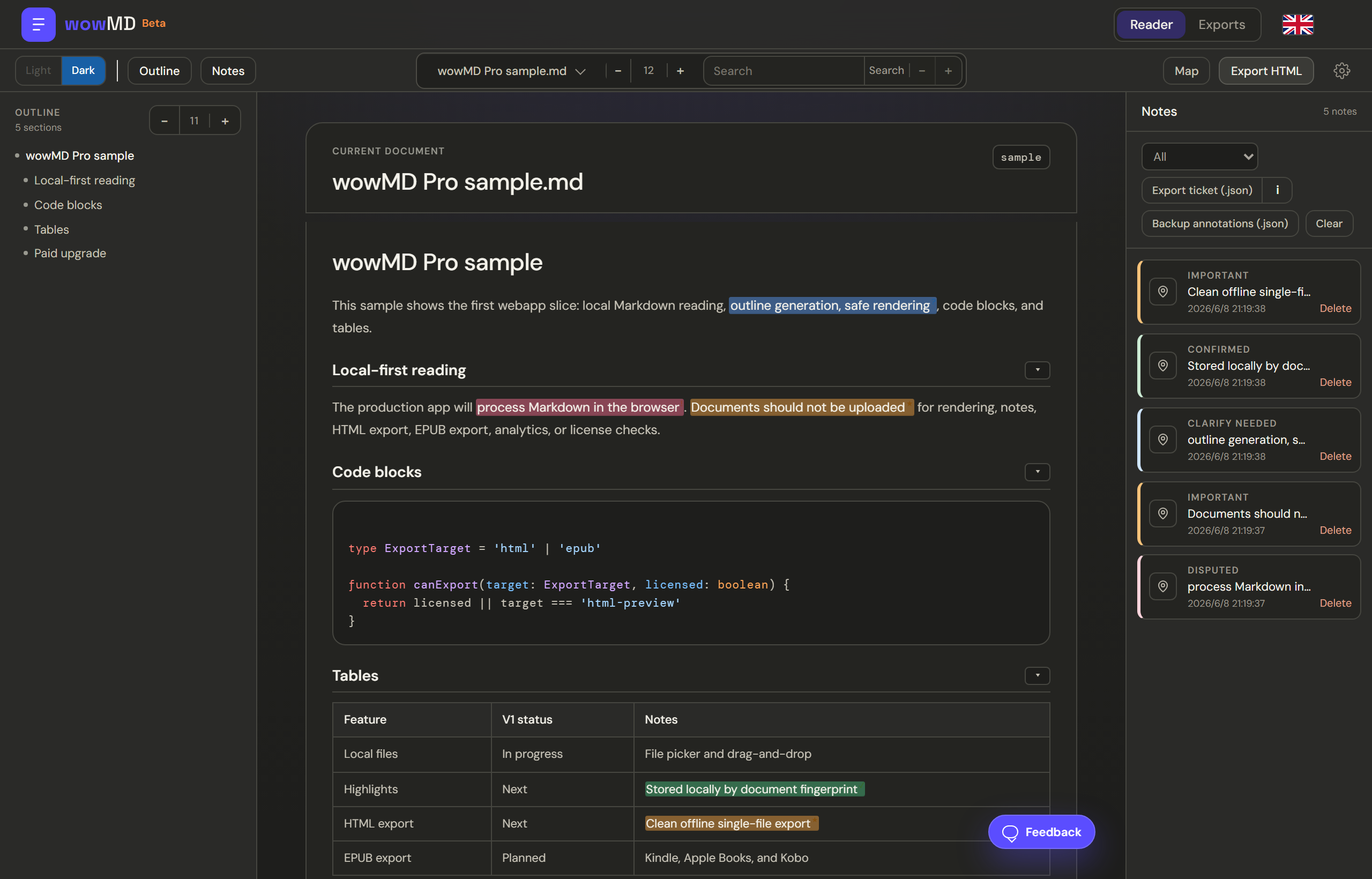 wowMD Pro showing typed highlights and the notes panel