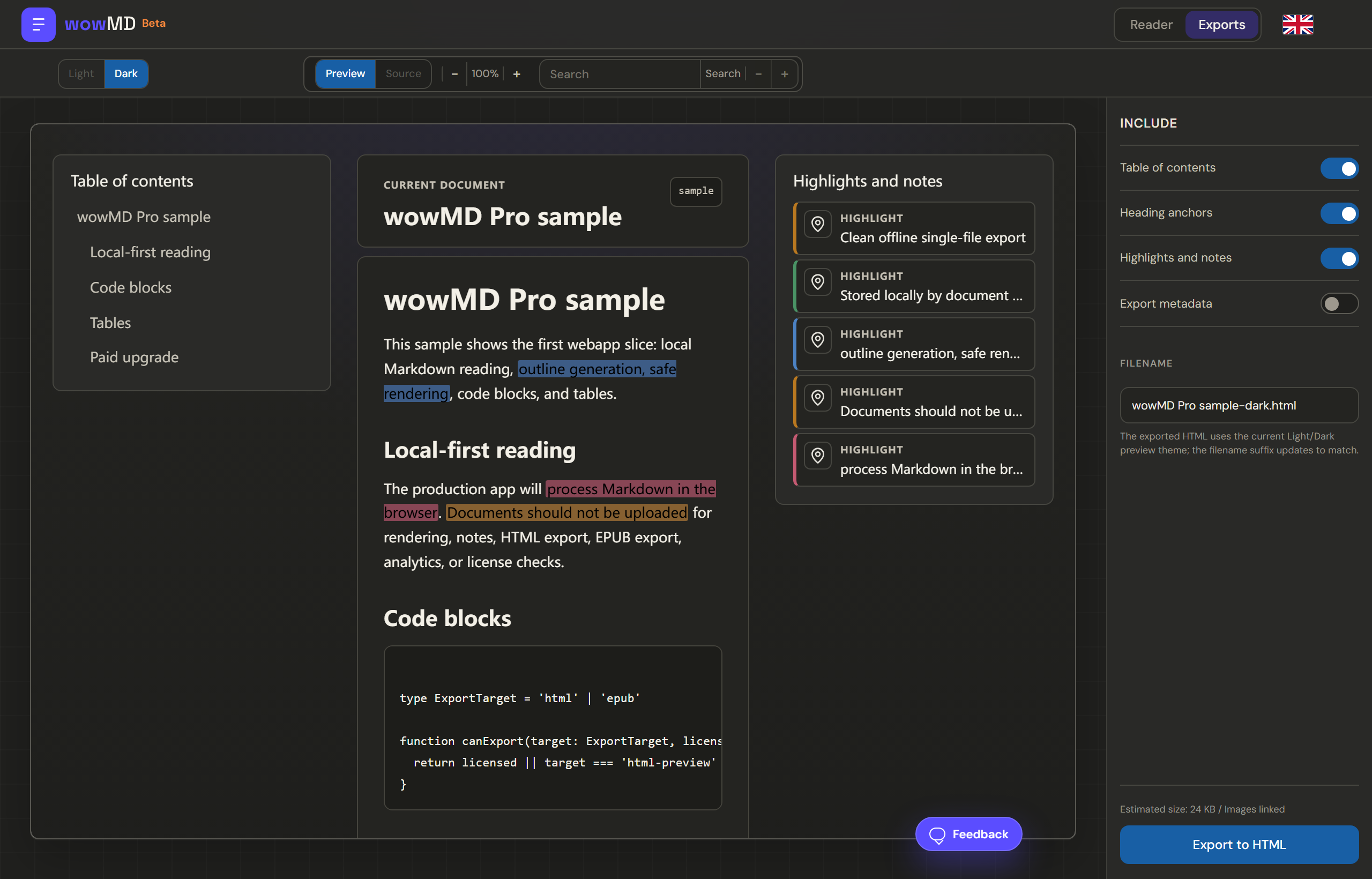 Export workspace with live HTML preview and include options