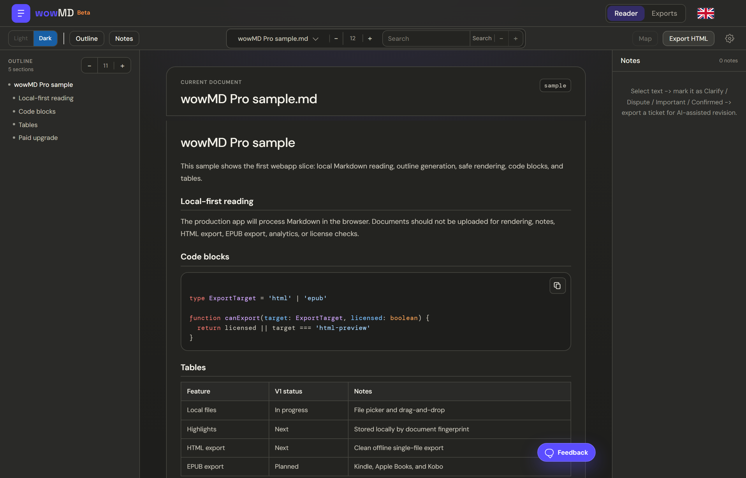 wowMD Pro reader with document outline, Markdown content, and notes panel