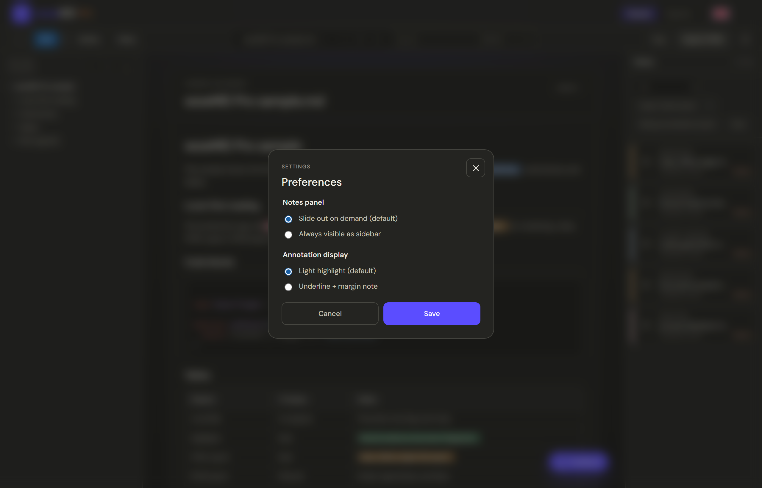 Settings panel with notes panel and annotation display preferences